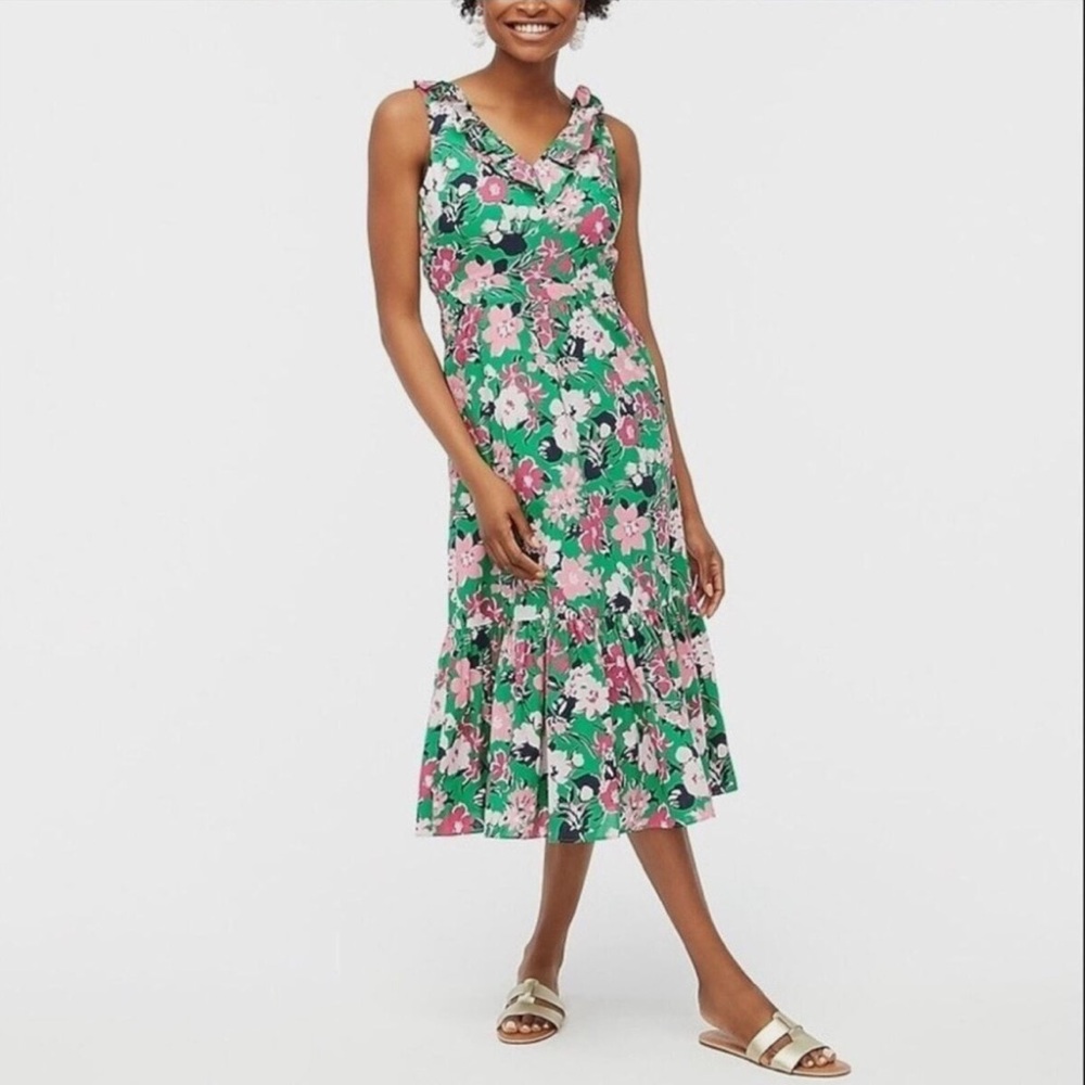 J. Crew Green and Pink Floral Midi Dress